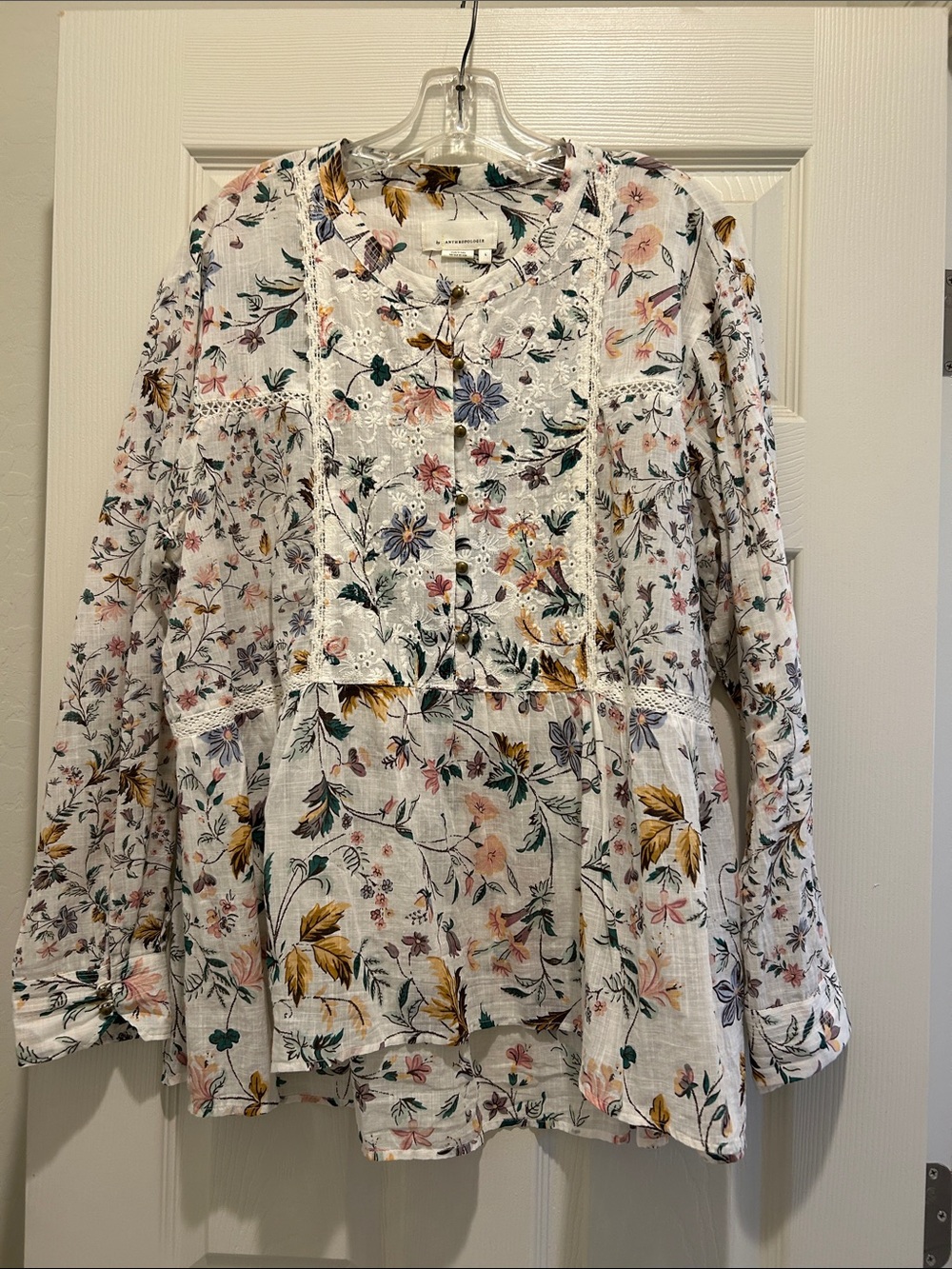 Anthropologie White Floral Lace-Trim Tunic